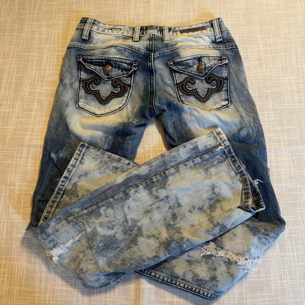 Rerock for Express Womens Acid Wash Distressed Bootcut Jeans Blue 2 Low Rise